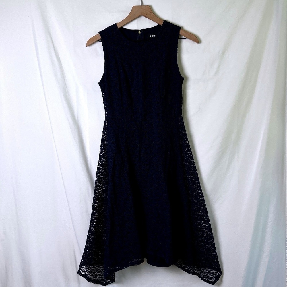 DKNY Womens Lace Sharkbite Fit and Flare Dress Size 2 Navy Blue Cocktail Party